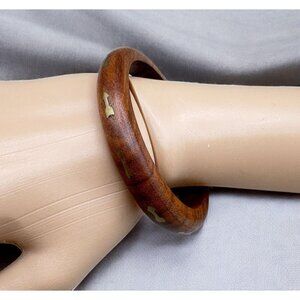 Vintage Wooden Bangle Bracelet with Gold Tone Arror Inlay Design Boho Retro